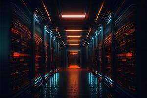 illustration of abstract tunnel, dark interior of data center, servers, neon lights photo