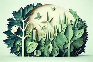 illustration of Green leaf image in the paper art style with trees, city building silhouettes, windmills, and solar panels. the preservation of ecology. a green energy idea photo