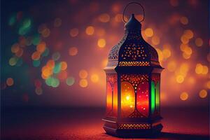 illustration of Muslim Holy Month Ramadan Kareem Arabic Lantern with bokeh, Neon light and lantern displayed on stages with glowing light in the evening. Wallpaper and banner background. photo