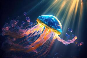 illustration of Glowing sea jellyfishes on dark background, light, magic, sea photo