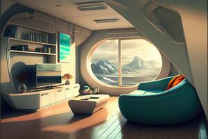 illustration of comfy living room from the year 2050, Scandinavian Japanese sci-fi design photo