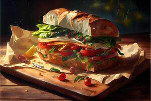 illustration of luxury italian sun sandwich, sitting on a wood board in a small Italian deli photo