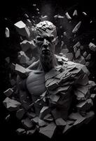 illustration of realistic stone man sculpture broken and pieces in black background. Motivation and surpassing yourself concept photo