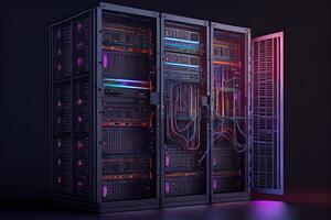 illustration of a platform for hosting contemporary Internet contents. Rack housing server data storage hardware. The equipment in the data center is connected by a lot of network cables photo