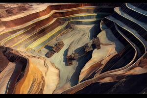 illustration of an aerial panorama of an anthracite coal mine, showcasing a big yellow mining truck collecting rocks in an open pit mine photo
