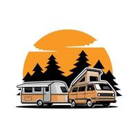 retro rv coche con camper remolque ilustración vector imagen