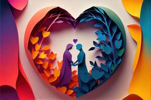 illustration of origami Valentine day background, happy couple, colorful. Paper cut craft, 3d paper style. Neural network generated art. Digitally generated image photo