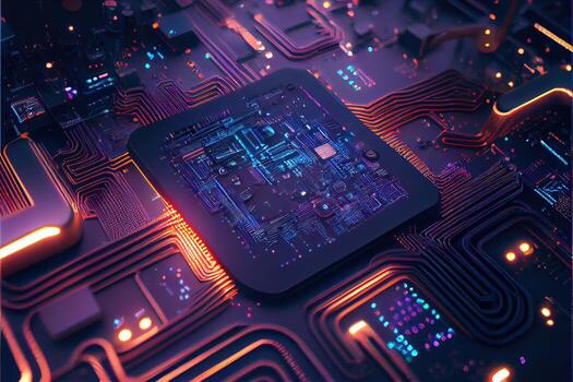 illustration of macro shot of circuit cyberspace board with computer motherboard component microchip with chip structure. Neural network generated art. photo