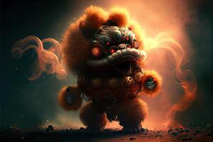 illustration of anthropomorphic traditional Chinese lion dance, big round eyes, plump body, Chinese Spring Festival, luminous particles, smoke photo