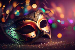 illustration of the vibrant energy and excitement of Brazilian Carnival, Venetian Carnival mask and confetti with abstract defocused bokeh lights and shiny streamers photo