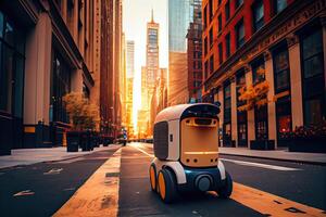 generativo ai ilustración de el futuro de entrega tecnología con autónomo mensajero robots en bullicioso urbano paisajes, un entrega robot como bien como autónomo entrega carros creado por un negocio foto