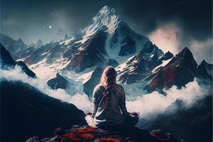 illustration of woman meditating in the mountains photo