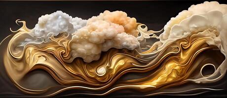 illustration of abstract fluid composing waves of varying sizes and colors is divided into layers, taupe, ivory, white, beige, and soft gold colors, gold glitter photo