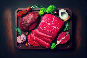 illustration of variety of raw beef meat steaks for grilling with seasoning and utensils, assorted raw beef meat, fresh raw beef steaks on wooden board photo