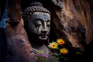 illustration of abstract lifelike buddha, flowers, magic lighting, beautiful metallic and stone colors, detailed, natural lighting, natural environment. Digitally generated image photo