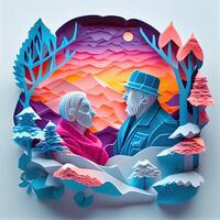 illustration of origami winter background, joyful elderly, colorful. Paper cut craft, 3d paper illustration style. Neural network generated art. photo