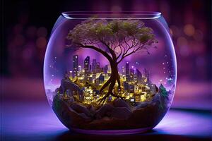 illustration of small root over rock bonsai inside a floating glass dome, tiny city, full tiny civilization with roads and lit buildings and skyscrapers, night cityscape photo