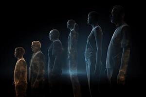 Different generations of family stand together against dark abstract background. photo