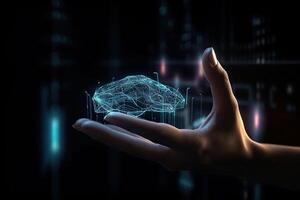 Hand touching digital data network. Communication with artificial intelligence. photo