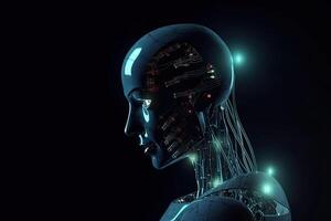 androide en oscuro antecedentes con neurales conexión. generativo ai foto