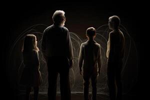 Different generations of family stand together against dark abstract background. photo