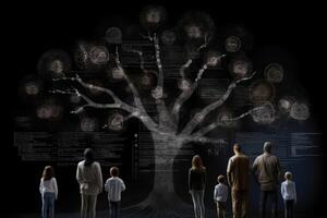 Family tree with portraits of relatives. Genealogy concept. photo