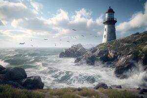 Sea landscape with stormy waves and lighthouse. Navigation for ships. photo