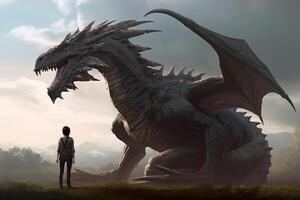 Man stands in front of huge dragon, fantasy world. photo