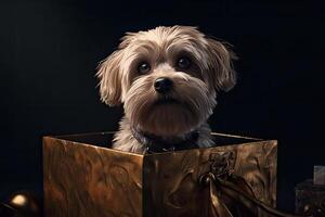 Cute dog looking out from gift box. Pet as present. photo