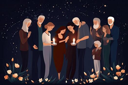 Different generations of family stand together against dark abstract background. photo