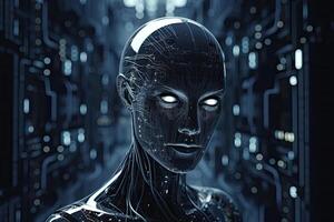 Machine learning. Artificial intelligence robot on futuristic background. photo
