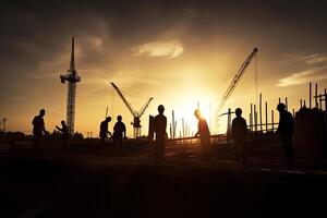 siluetas de ingenieros a construcción sitio a puesta de sol. generativo ai foto