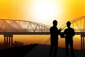 Silhouettes of engineers at construction site at sunset. photo