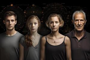 Different generations of family stand together against dark abstract background. photo