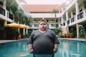 Fat boy at summer vacations near swimming pool. Obesity problem. Generative AI photo