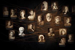 Family tree with portraits of relatives. Genealogy concept. Generative AI photo