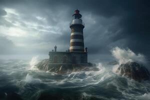 Sea landscape with stormy waves and lighthouse. Navigation for ships. photo