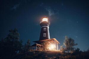 Lighthouse in sea at starry night. Navigation for ships. photo