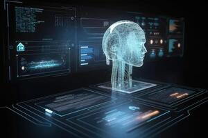 Machine learning. Artificial intelligence robot on futuristic background. photo