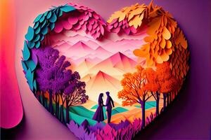 illustration of origami Valentine day background, happy couple, colorful. Paper cut craft, 3d paper style. Neural network generated art. Digitally generated image photo