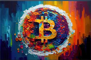 illustration of modern abstract oil painting of bit coin, beautiful Colorful Geometric Pattern, Vibrant, Palette Knife Painting, pixel art photo