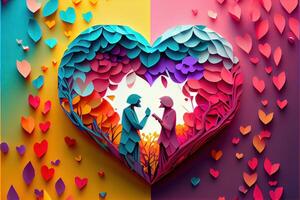 illustration of origami Valentine day background, happy couple, colorful. Paper cut craft, 3d paper style. Neural network generated art. Digitally generated image photo