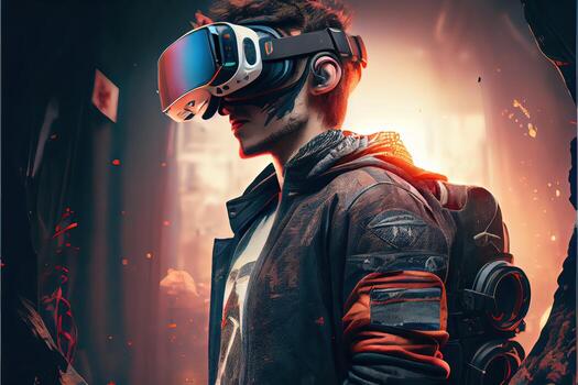 illustration of an enthusiastic young men wearing virtual reality goggles is inside the metaverse. Metaverse concept and virtual world elements. Neural network art photo