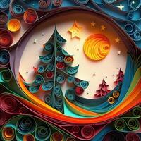 illustration of photo paper cut quilling multidimensional paper cut, craft paper illustration, christmas tree and colored lights vine stars, pop color. Neural network generated art.