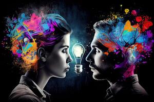 illustration of man and woman sharing idea, creative background photo