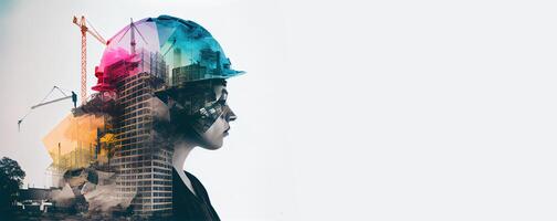 illustration of building construction engineering project devotion with double exposure design in head. Industrial and architecture. Neural network generated art. photo