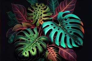 illustration of Dark green tropical leaves colorful neon light, backlight, leaves composition, plant background, manstera, palm leaves photo