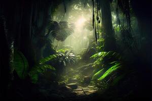 illustration of Dark rainforest, sun rays through the trees, rich jungle greenery. Atmospheric fantasy forest photo