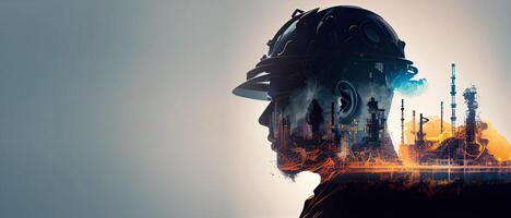 illustration of a double exposure worker head, an oil, gas, and petrochemical refinery facility demonstrates the future of electricity and the engineer photo