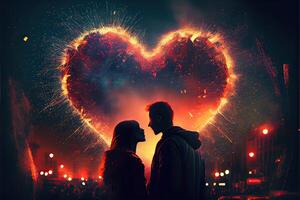 illustration of heart shaped fireworks . Lovers couple background night city . Valentine Day photo